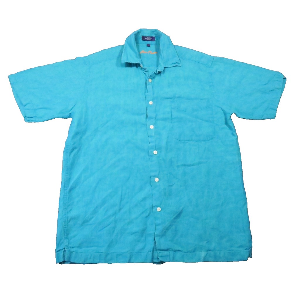 Alan Flusser Linen Button Up Shirt Men M Teal Cruise Beach Island Coastal Resort